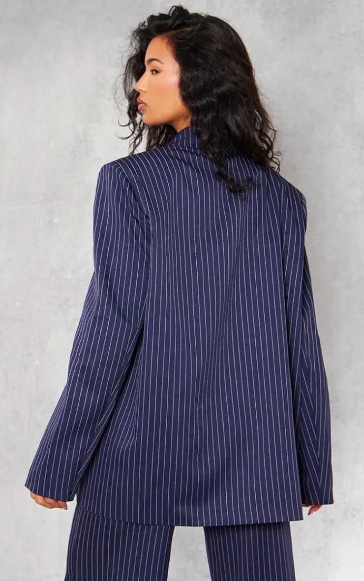 New PrettyLittleThing Pinstripe Woven Extreme Shoulder Pad Pocket Blazer Navy