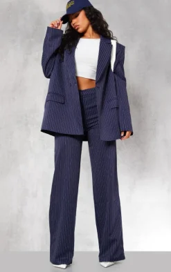 New PrettyLittleThing Pinstripe Woven Extreme Shoulder Pad Pocket Blazer Navy