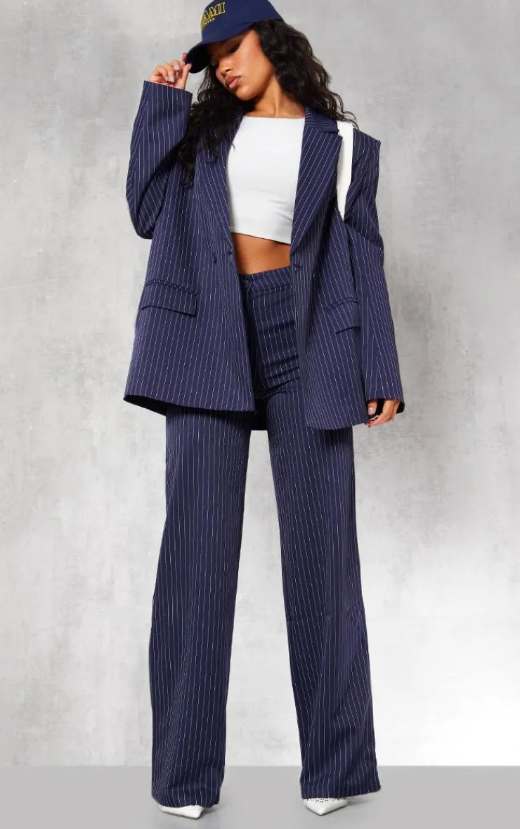 New PrettyLittleThing Pinstripe Woven Extreme Shoulder Pad Pocket Blazer Navy