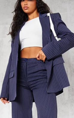 New PrettyLittleThing Pinstripe Woven Extreme Shoulder Pad Pocket Blazer Navy