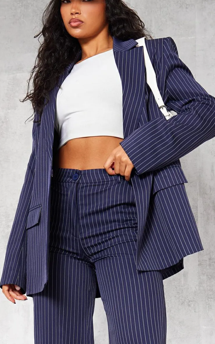 New PrettyLittleThing Pinstripe Woven Extreme Shoulder Pad Pocket Blazer Navy