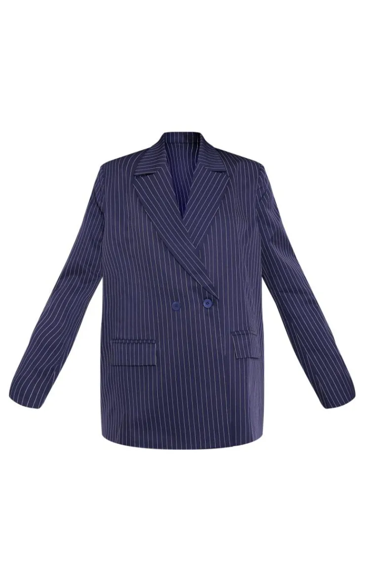 New PrettyLittleThing Pinstripe Woven Extreme Shoulder Pad Pocket Blazer Navy