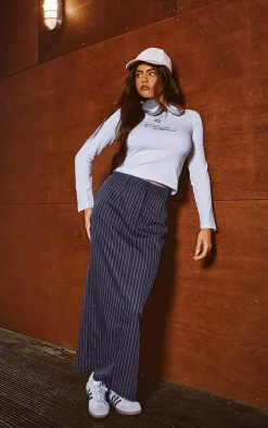 Navy Pinstripe Woven Maxi Skirt