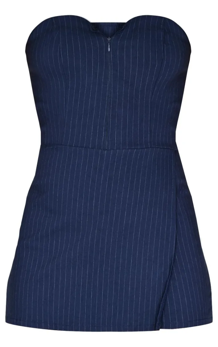 Navy Pinstripe Woven Zip Front Skort Romper
