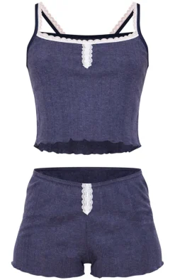 Navy Pointelle Button Cami and Short PJ Set