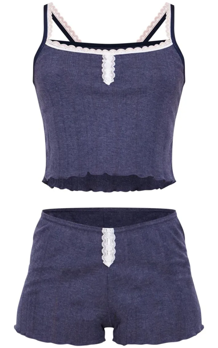 Navy Pointelle Button Cami and Short PJ Set