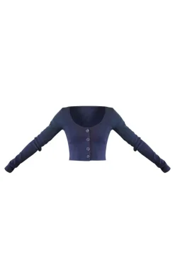Best PrettyLittleThing Ribbed Button Front Long Sleeve Top Navy