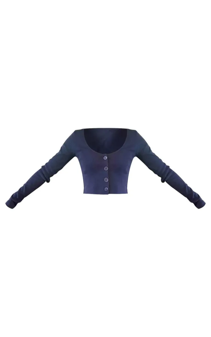 Best PrettyLittleThing Ribbed Button Front Long Sleeve Top Navy