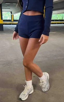 New PrettyLittleThing Ribbed Hot Pants Navy