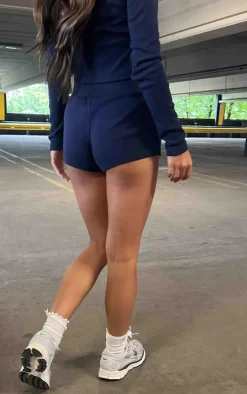 New PrettyLittleThing Ribbed Hot Pants Navy