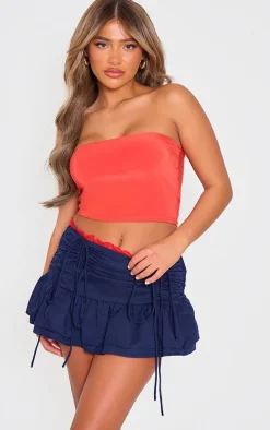 Navy Ruched Front Lace Trim Frill Hem Mini Skirt
