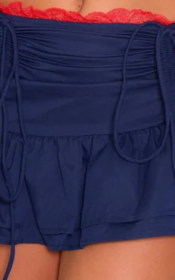 Navy Ruched Front Lace Trim Frill Hem Mini Skirt