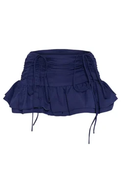 Navy Ruched Front Lace Trim Frill Hem Mini Skirt