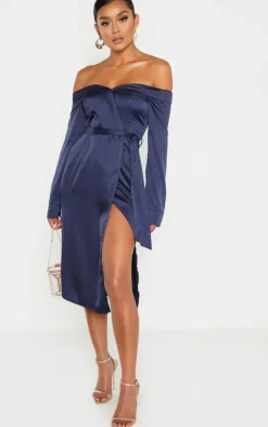 Satin Bardot Lapel Detail Wrap Midi Dress-PrettyLittleThing Discount