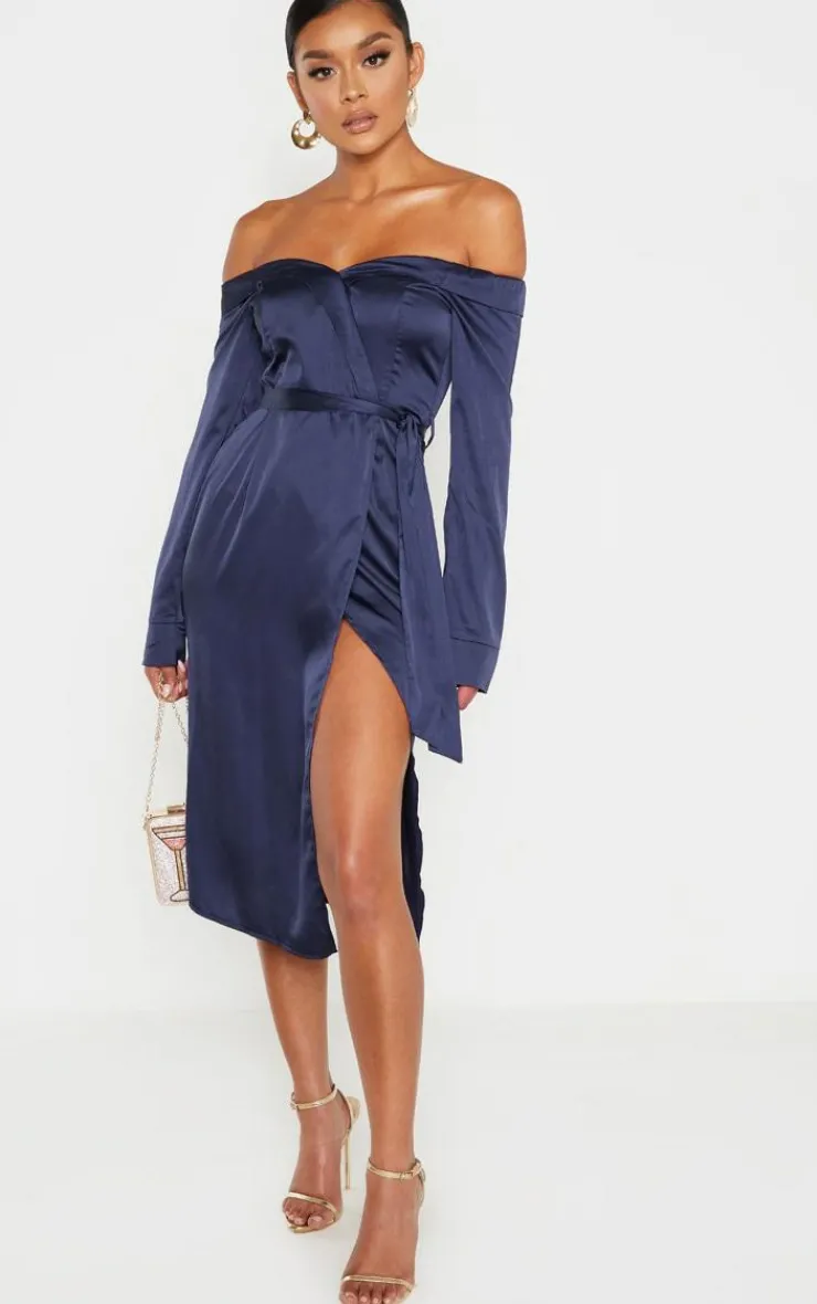 Satin Bardot Lapel Detail Wrap Midi Dress-PrettyLittleThing Discount