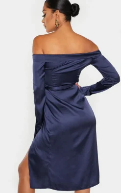 Satin Bardot Lapel Detail Wrap Midi Dress-PrettyLittleThing Discount