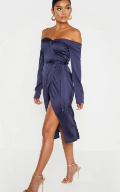 Satin Bardot Lapel Detail Wrap Midi Dress-PrettyLittleThing Discount