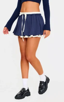 Navy Satin Double Waistband Detail Tailored Woven Pleated Mini Skirt