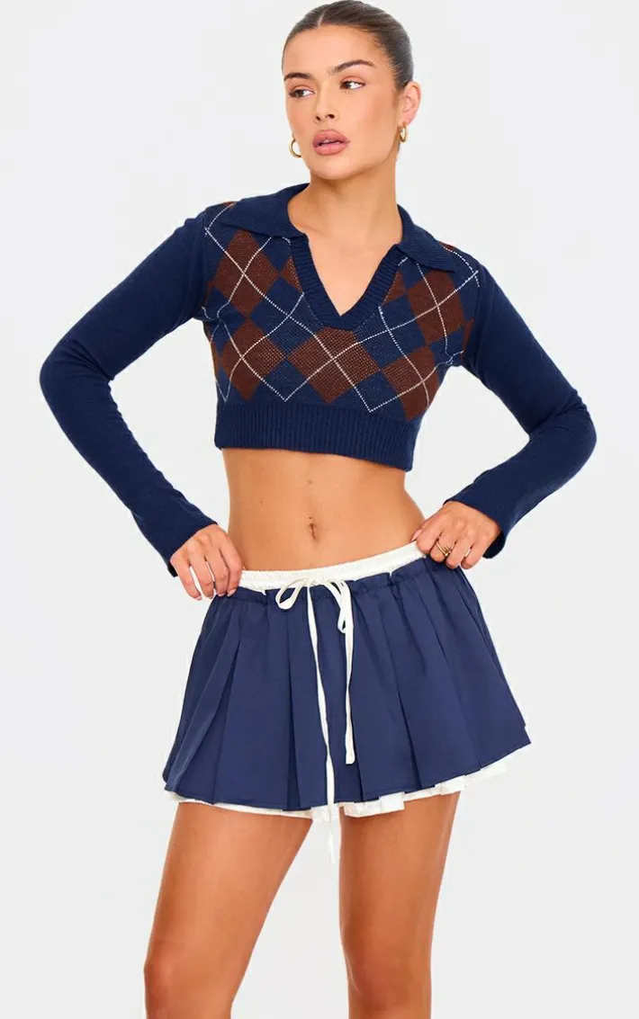 Navy Satin Double Waistband Detail Tailored Woven Pleated Mini Skirt