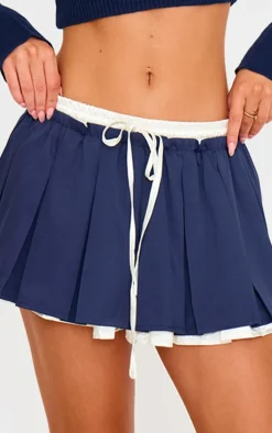 Navy Satin Double Waistband Detail Tailored Woven Pleated Mini Skirt