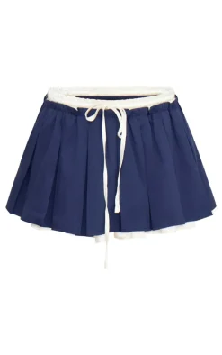 Navy Satin Double Waistband Detail Tailored Woven Pleated Mini Skirt