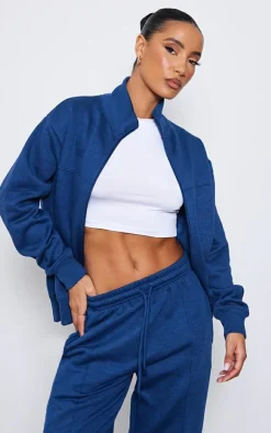 Hot PrettyLittleThing Seam Detail Zip Track Top Navy