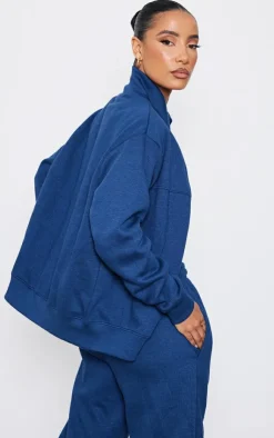 Hot PrettyLittleThing Seam Detail Zip Track Top Navy