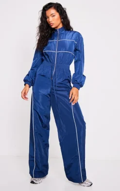 Navy Shell Panelling Zip Detail Jumpsuit