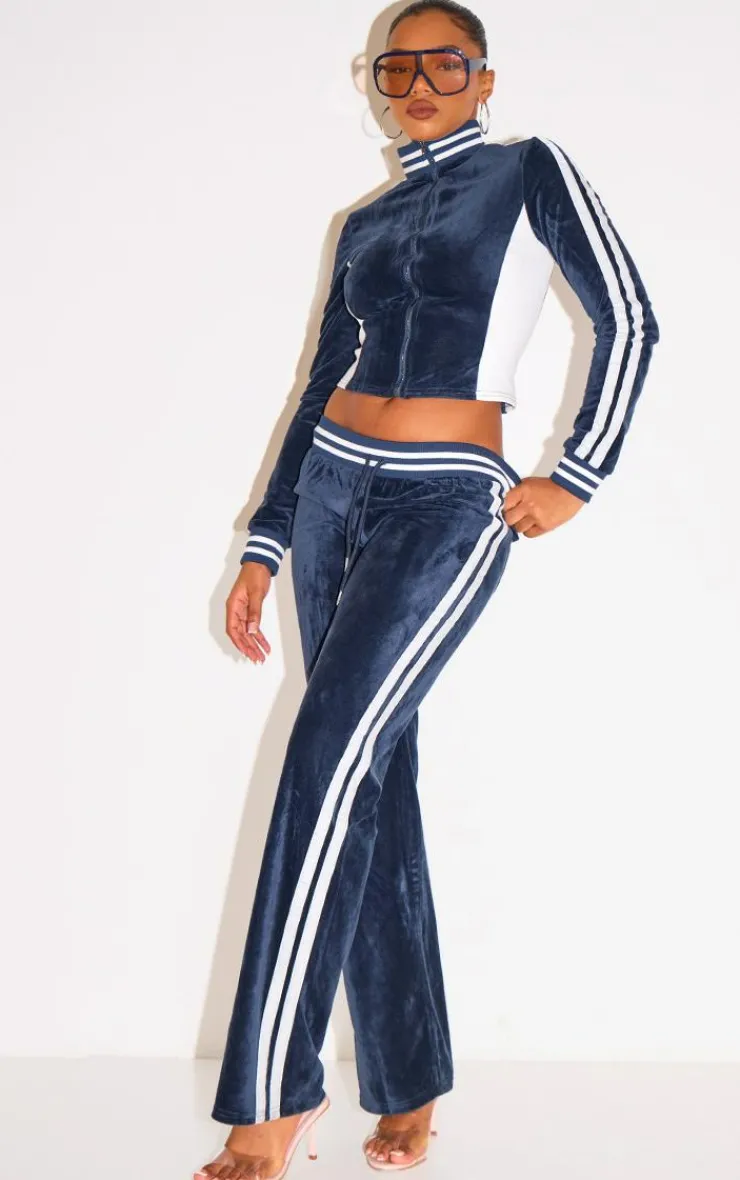 Clearance PrettyLittleThing Straight Leg Velvet Sweatpants Navy
