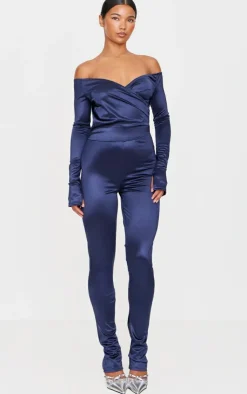 Stretch Satin Cross Front Bardot Split Hem Jumpsuit-PrettyLittleThing Outlet