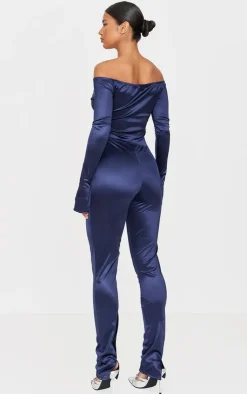 Stretch Satin Cross Front Bardot Split Hem Jumpsuit-PrettyLittleThing Outlet