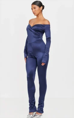 Stretch Satin Cross Front Bardot Split Hem Jumpsuit-PrettyLittleThing Outlet