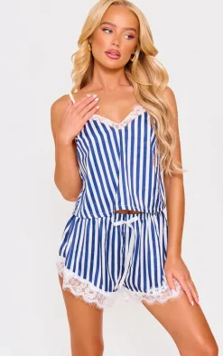 Navy Stripe Contrast Lace Satin Cami Short Pj Set