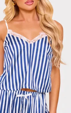 Navy Stripe Contrast Lace Satin Cami Short Pj Set