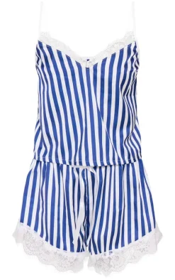 Navy Stripe Contrast Lace Satin Cami Short Pj Set