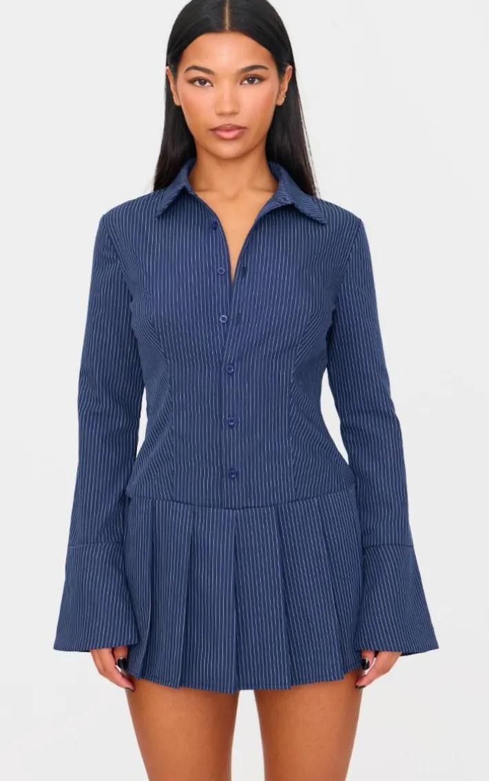 Navy Stripe Shirt Pleated Skort Romper