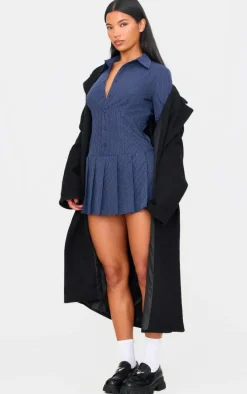 Navy Stripe Shirt Pleated Skort Romper