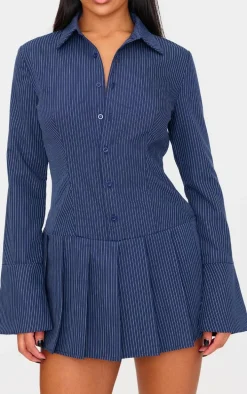 Navy Stripe Shirt Pleated Skort Romper