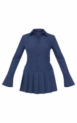 Navy Stripe Shirt Pleated Skort Romper