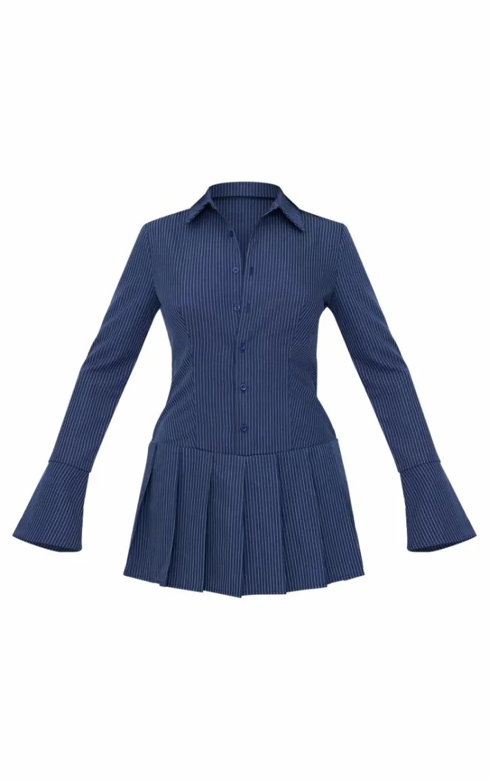 Navy Stripe Shirt Pleated Skort Romper