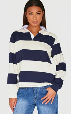 PrettyLittleThing T-Shirts*Striped Collar Detail Long Sleeve T Shirt