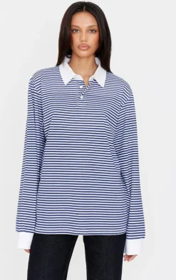 PrettyLittleThing T-Shirts*Striped Collared Oversized Long Sleeve T Shirt