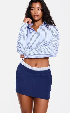 Navy Striped Double Waistband Detail Tailored Mini Skirt