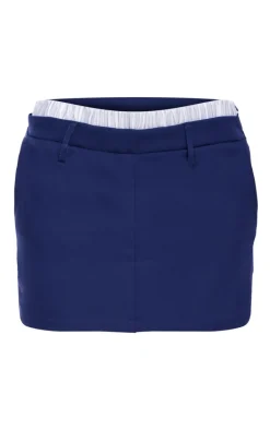 Navy Striped Double Waistband Detail Tailored Mini Skirt