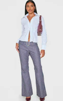 Navy Striped Low Rise Belted Flares