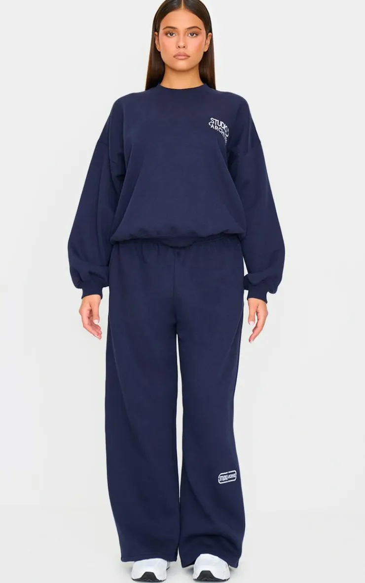 PrettyLittleThing Blue Sweatsuits*Studio Archives Embroidered Thin Waistband Drop Crotch Sweatpants