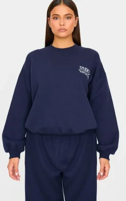 PrettyLittleThing Blue Sweatsuits*Studio Archives Embroidered Oversized Sweatshirt