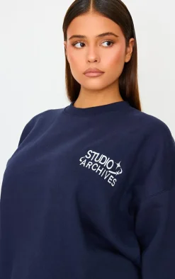 PrettyLittleThing Blue Sweatsuits*Studio Archives Embroidered Oversized Sweatshirt