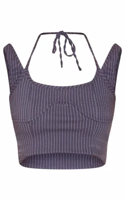 Navy Tailored Pinstripe Strappy Cutout Crop Top