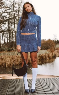 Best PrettyLittleThing Textured Boucle Twill Skater Skirt Navy